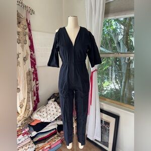 Vintage Black Utility Wrap Style Short Sleeve Straight Leg Jumpsuit
